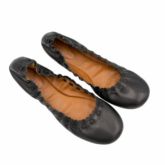 See By Chloe Jane Black Soft Leather Scallop Trim Round Toe Luxury Ballet Flats - Picture 6 of 8